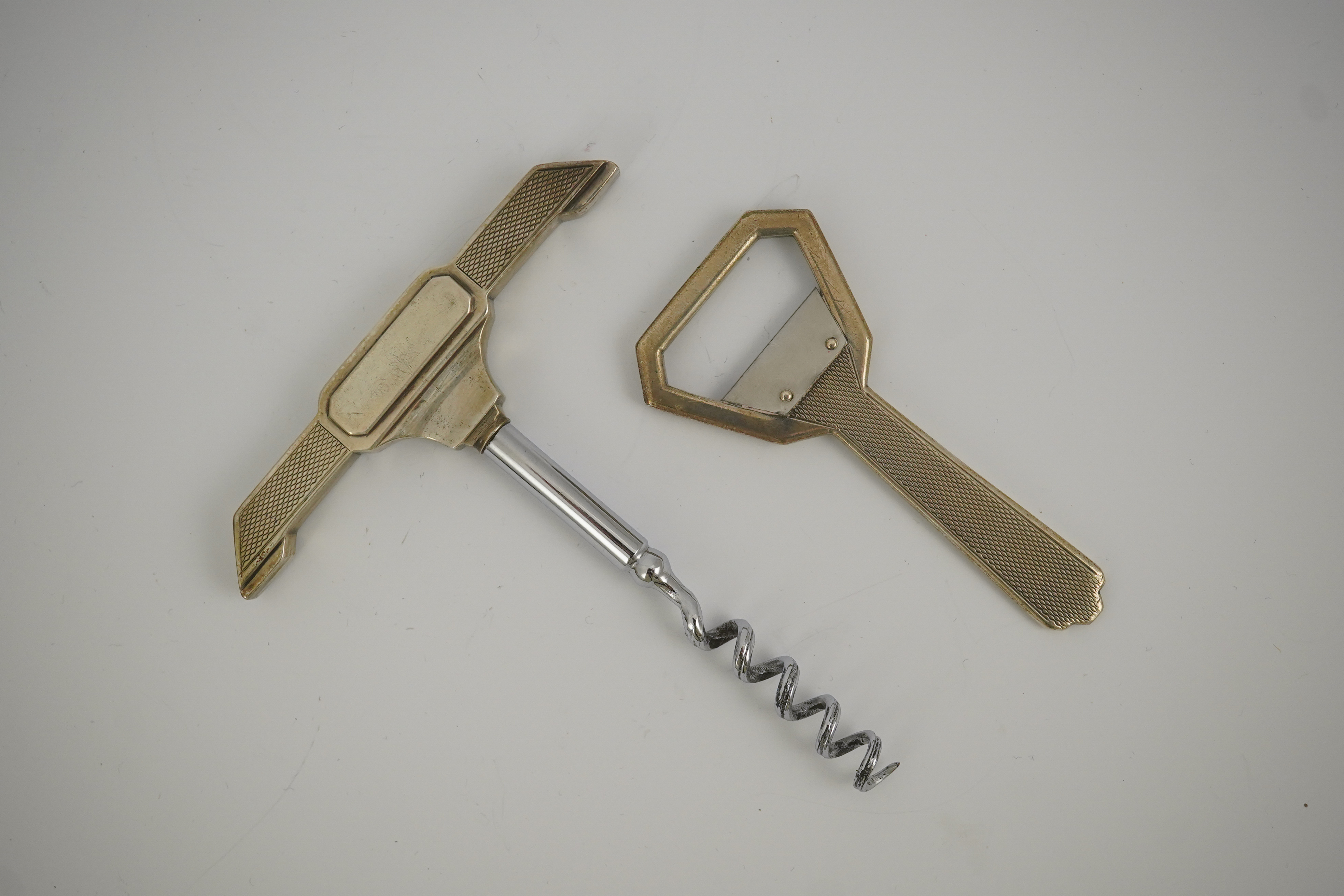 A cased 1930's Art Deco silver corkscrew and bottle opener set, by G.W. Lewis & Co